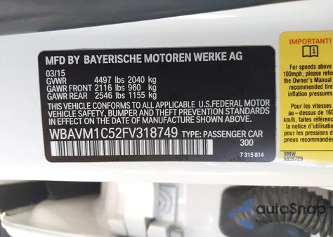 2015 BMW X1 Sdrive28I from USA, damaged, VIN WBAVM1C52FV318749